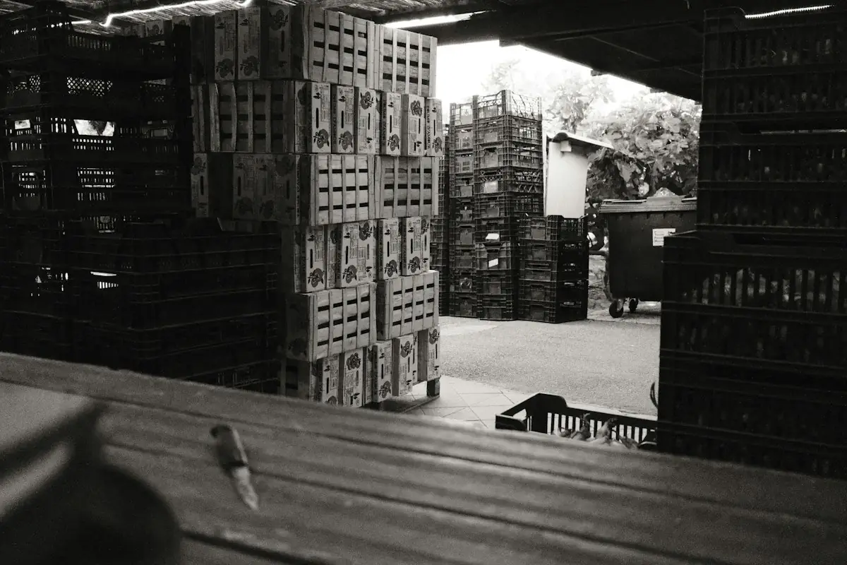 Stacked wooden crates in a warehouse with an open doorway