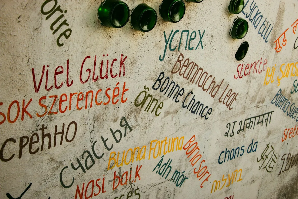 Good luck wishes written in many different languages on a wall