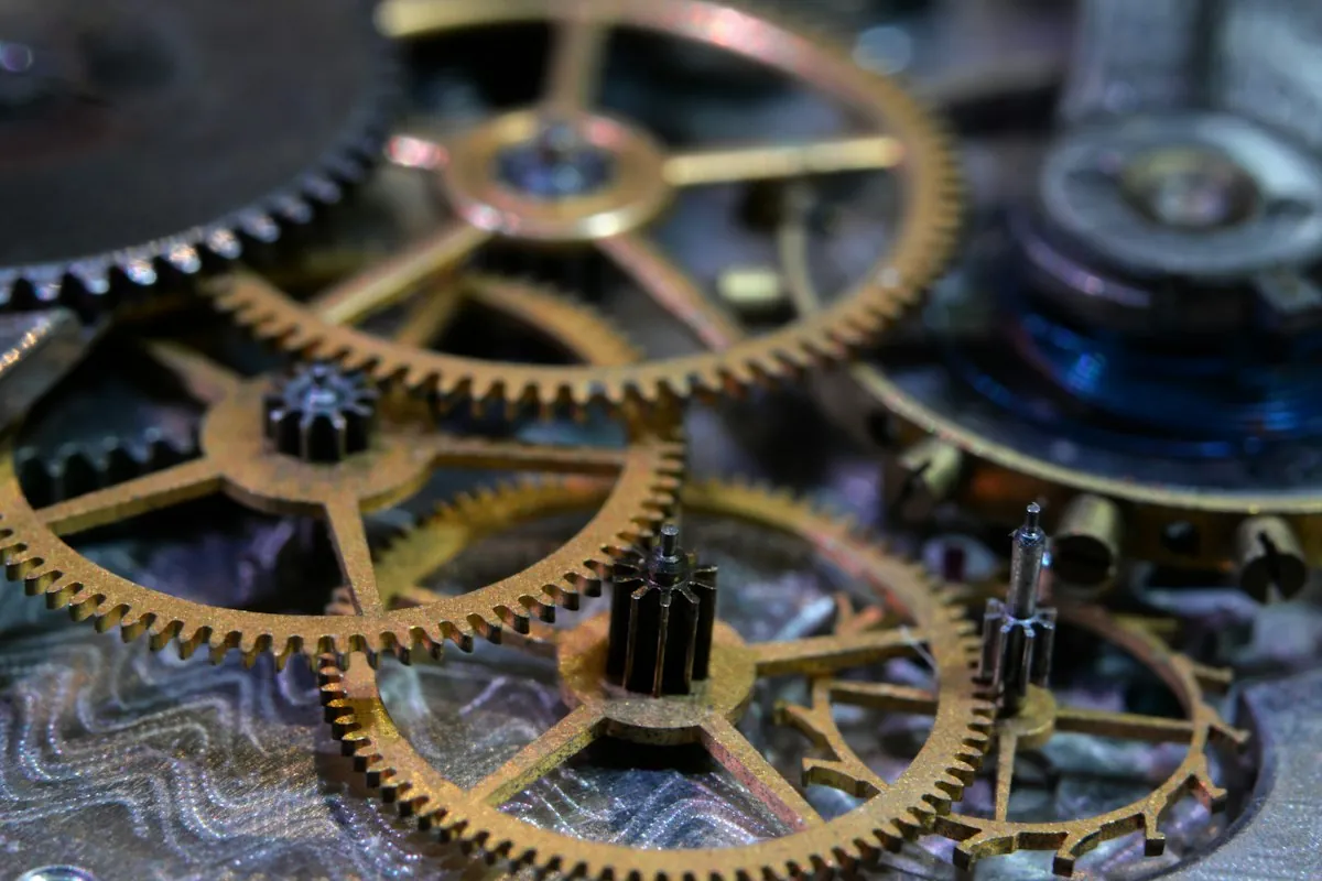 Close-up of the gears of a pocket watch movement