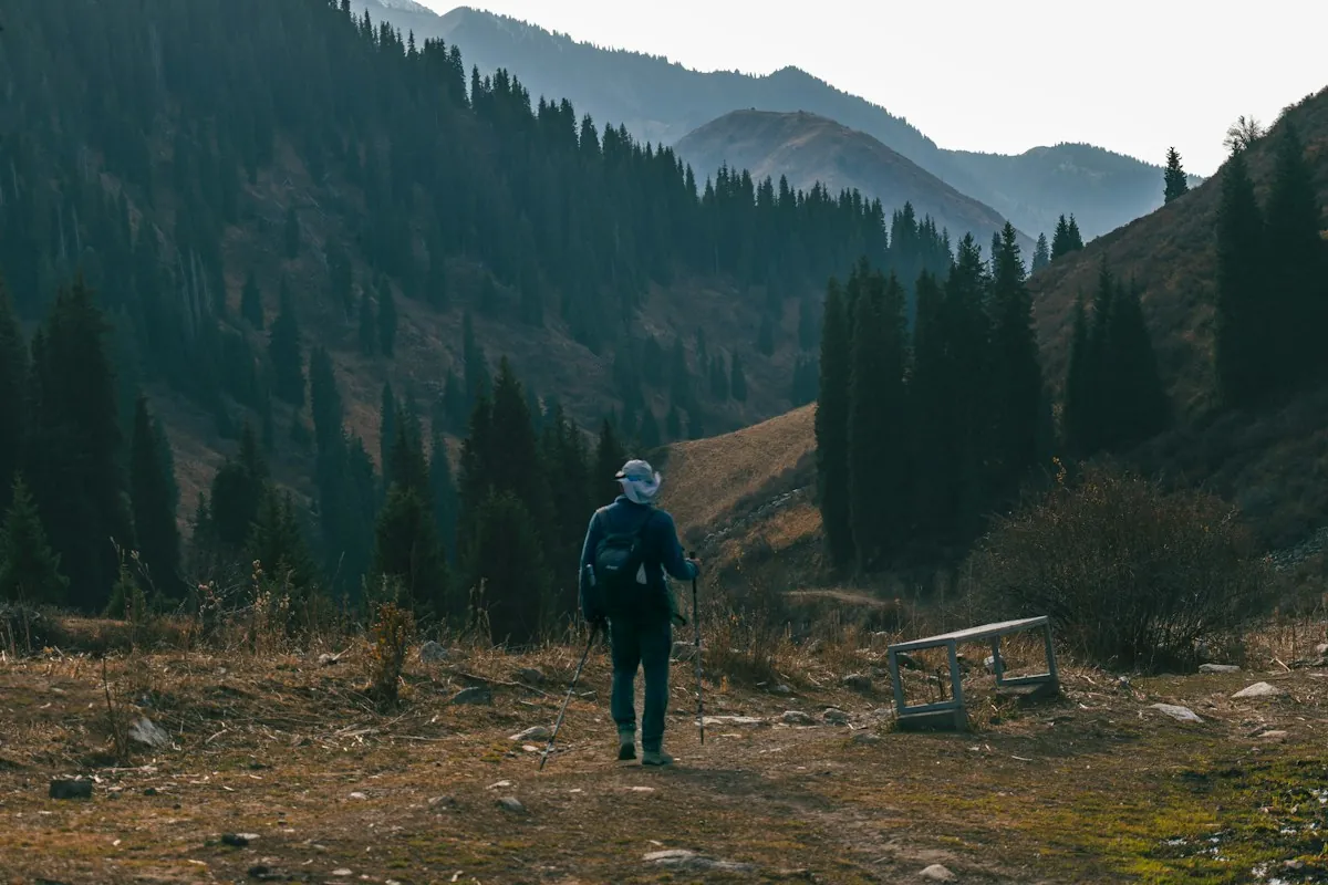 Un uomo cammina in una valle di montagna tra i pini, lontano dagli schermi